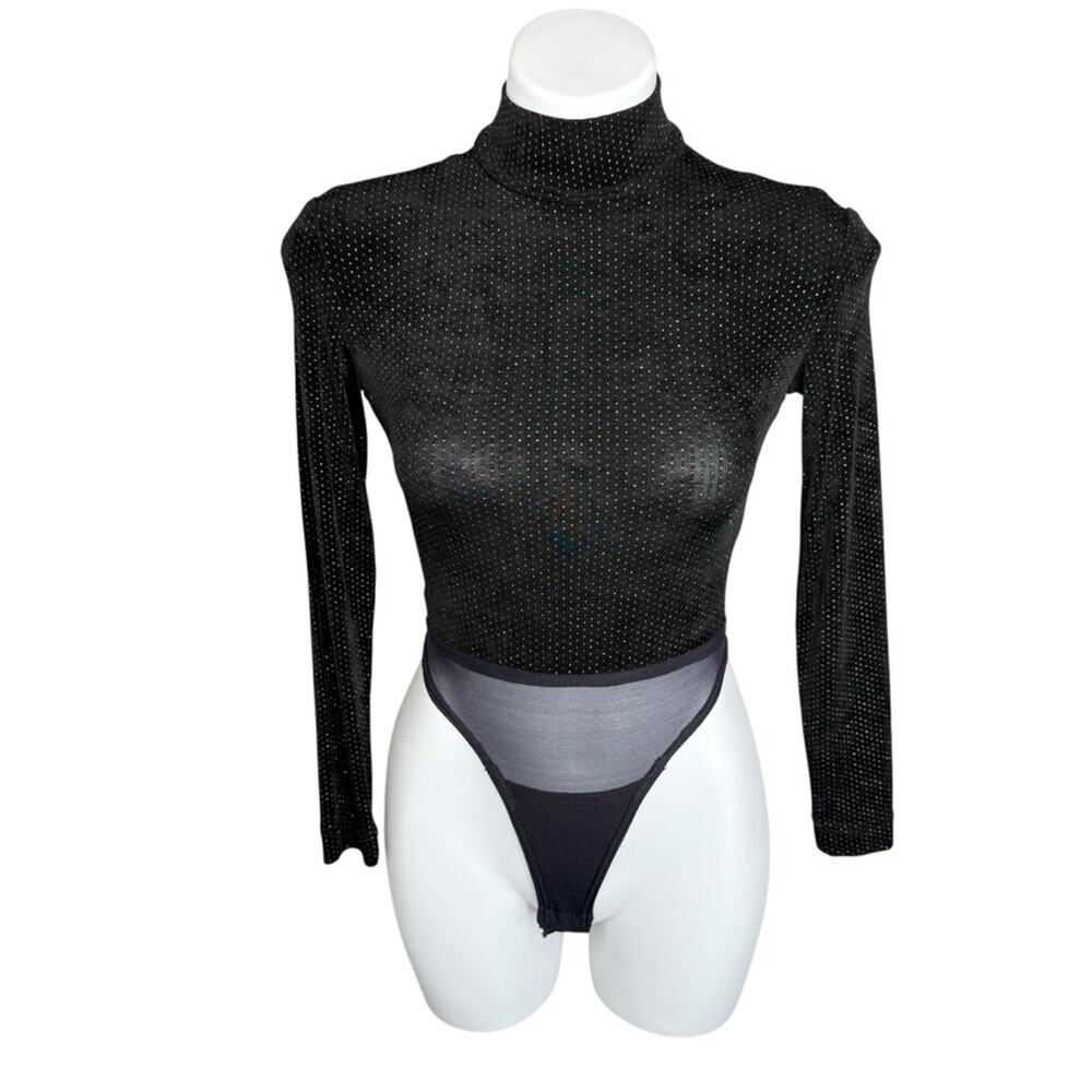 Vintage 90s Caché Black Rhinestone Mock Neck Bodysuit XS Made in USA